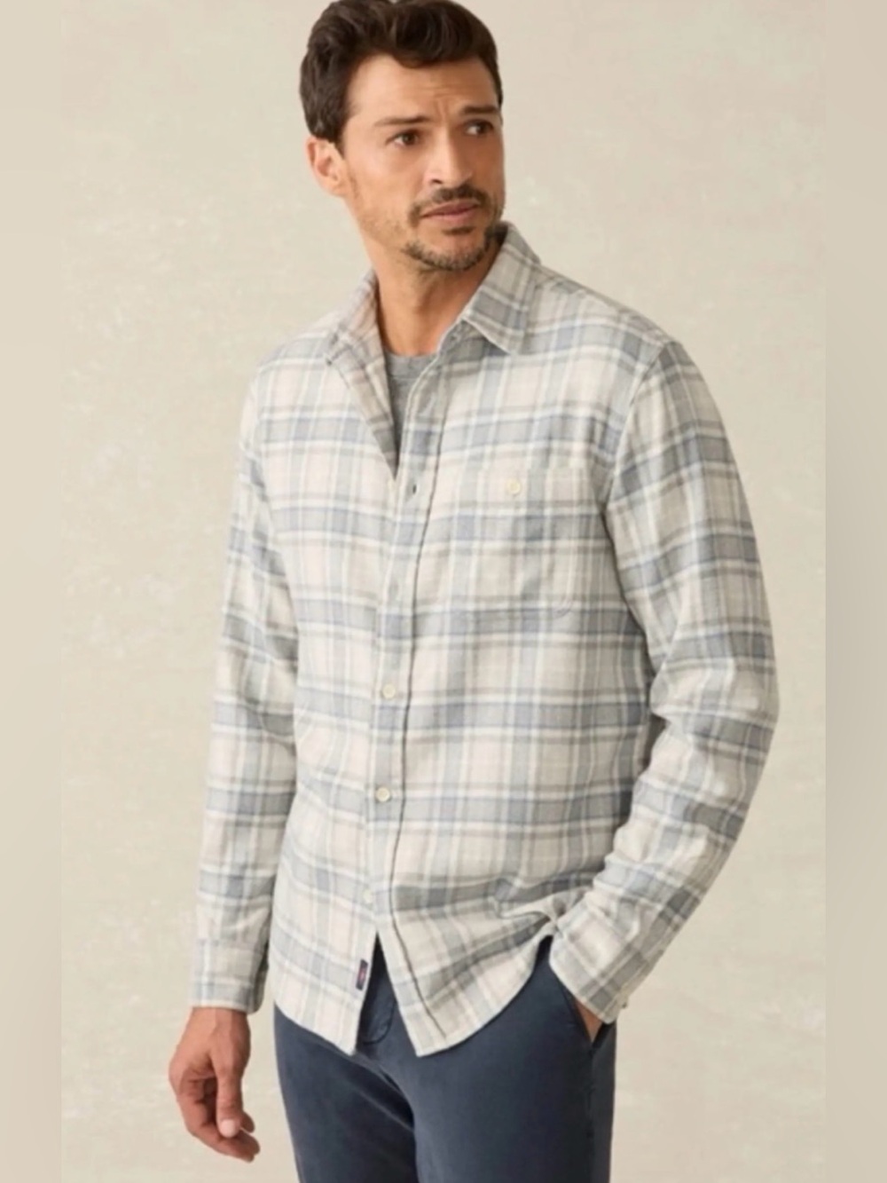 Faherty Super Brushed Organic Cotton Flannel Shirt — Size Medium Blue Gray